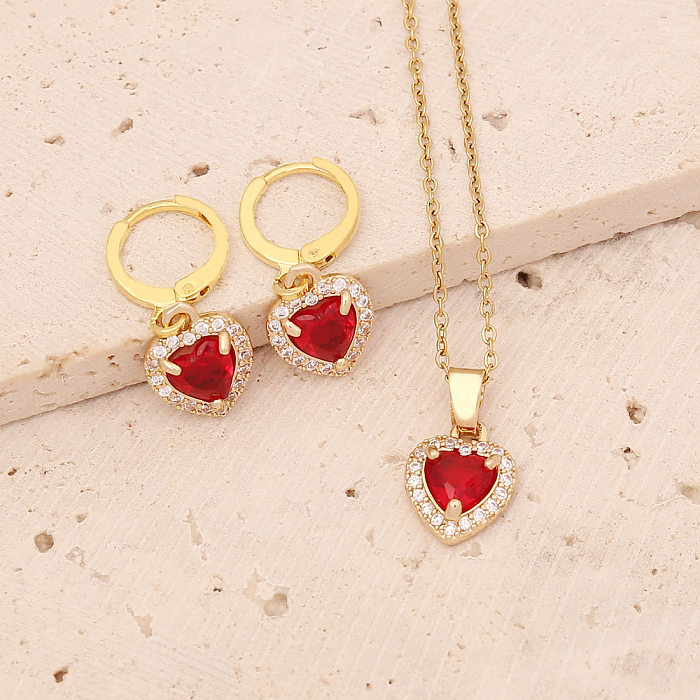 Fashion Heart Shaped Zircon Inlaid Copper Necklace Earring Jewelry Set
