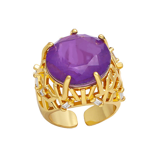 Hip-Hop Vintage Style Round Copper Plating Inlay Zircon 18K Gold Plated Open Rings