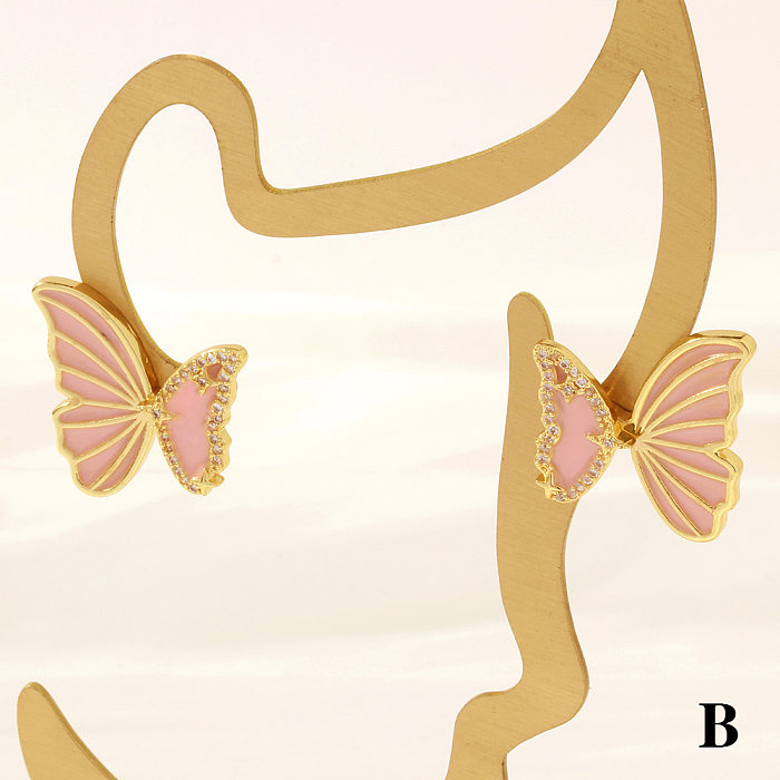 1 Pair Sweet Simple Style Butterfly Enamel Plating Inlay Copper Zircon 18K Gold Plated Ear Studs
