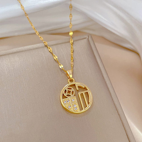 Basic Classic Style Round Titanium Steel Copper Inlay Zircon Pendant Necklace