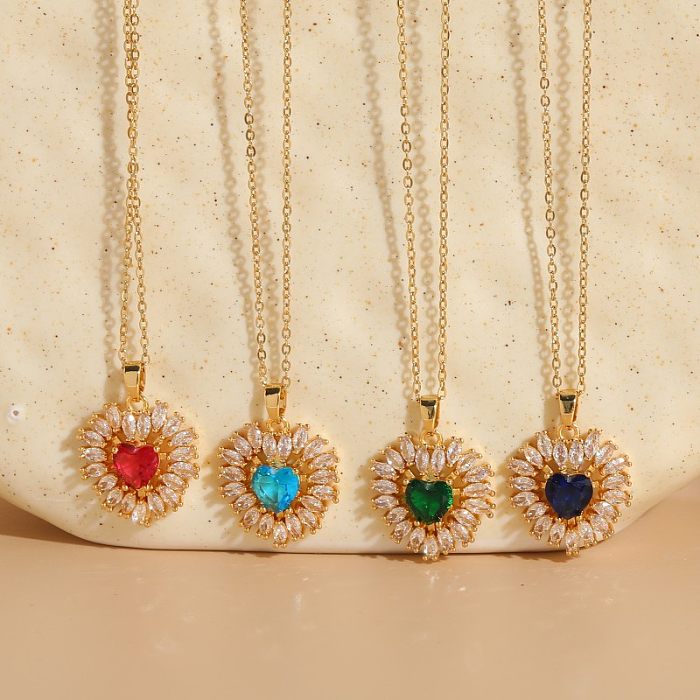 Elegante, glamouröse Halskette mit Anhänger in Herzform, Kupferbeschichtung, Inlay aus Zirkon, 14 Karat vergoldet