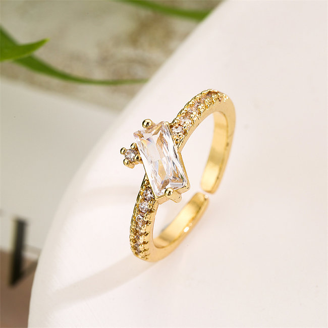 Simple Style Shiny Rectangle Copper Plating Inlay Zircon Gold Plated Open Ring