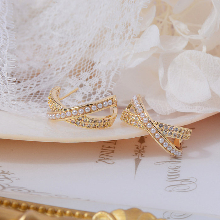 Pendientes chapados en oro de 1K con incrustaciones de cobre, perlas artificiales, estilo francés, estilo Simple, viaje en forma de C, 14 par