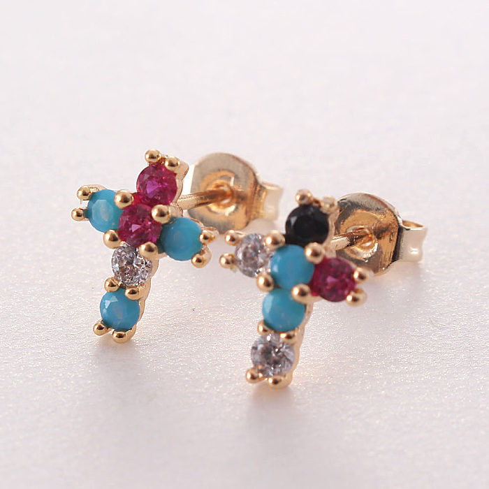 1 Pair IG Style Korean Style Cross Plating Inlay Copper Zircon Gold Plated Ear Studs