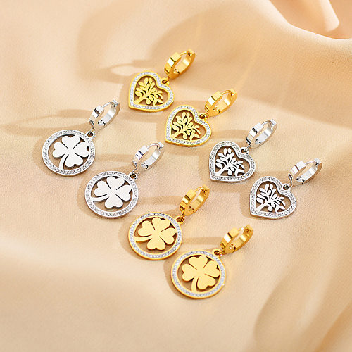 1 Pair Casual Four Leaf Clover Heart Shape Flower Copper Plating Inlay Zircon Drop Earrings