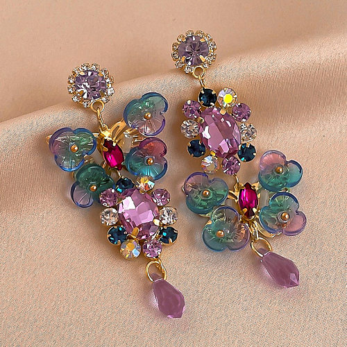 1 Paar süße Blumen-Inlay-Ohrringe aus Kupfer mit künstlichen Edelsteinen