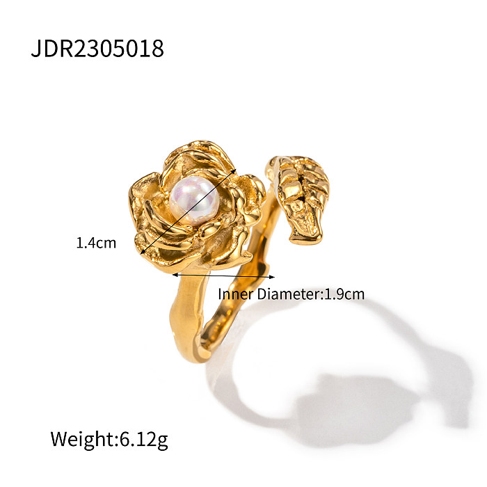 Simple Style Classic Style Leaf Flower Stainless Steel Plating Inlay Artificial Pearls 18K Gold Plated Open Rings