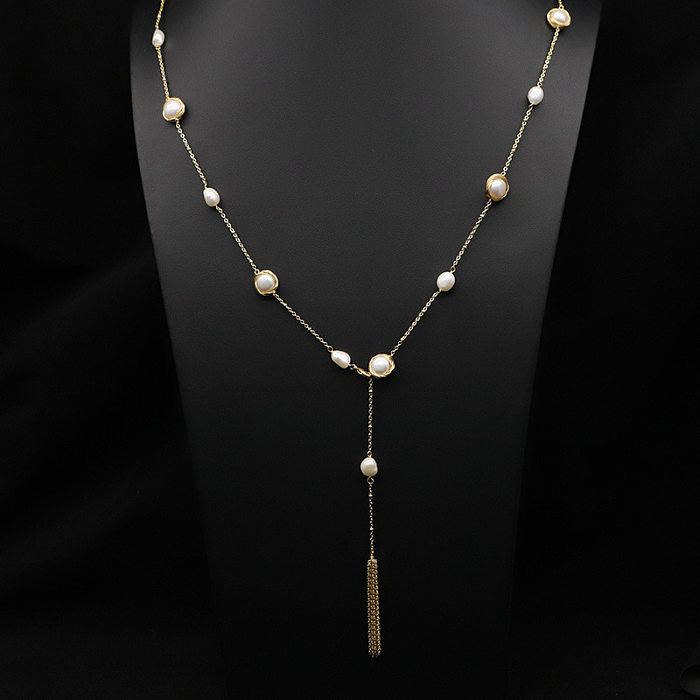 Geometrische, einfarbige Süßwasserperle im Vintage-Stil, verkupfert, dreilagige Halskette mit 18-Karat-Vergoldung