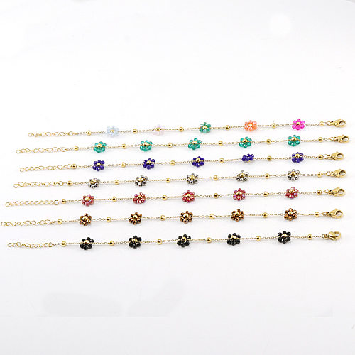 Fashion Flower Artificial Crystal Titanium Steel Beaded Plating Bracelets Necklace 1 Piece