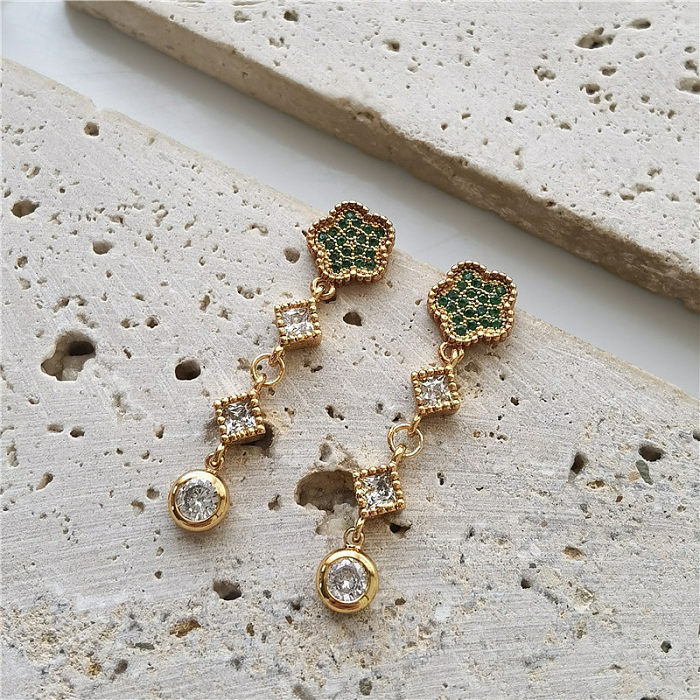 1 Pair Simple Style Flower Inlay Copper Zircon Drop Earrings
