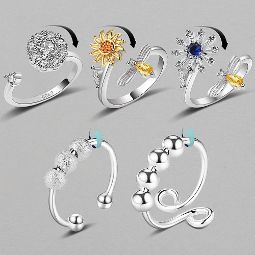 5 Pieces Adjustable Turning Zirconia Flowers Little Bee Copper Rings