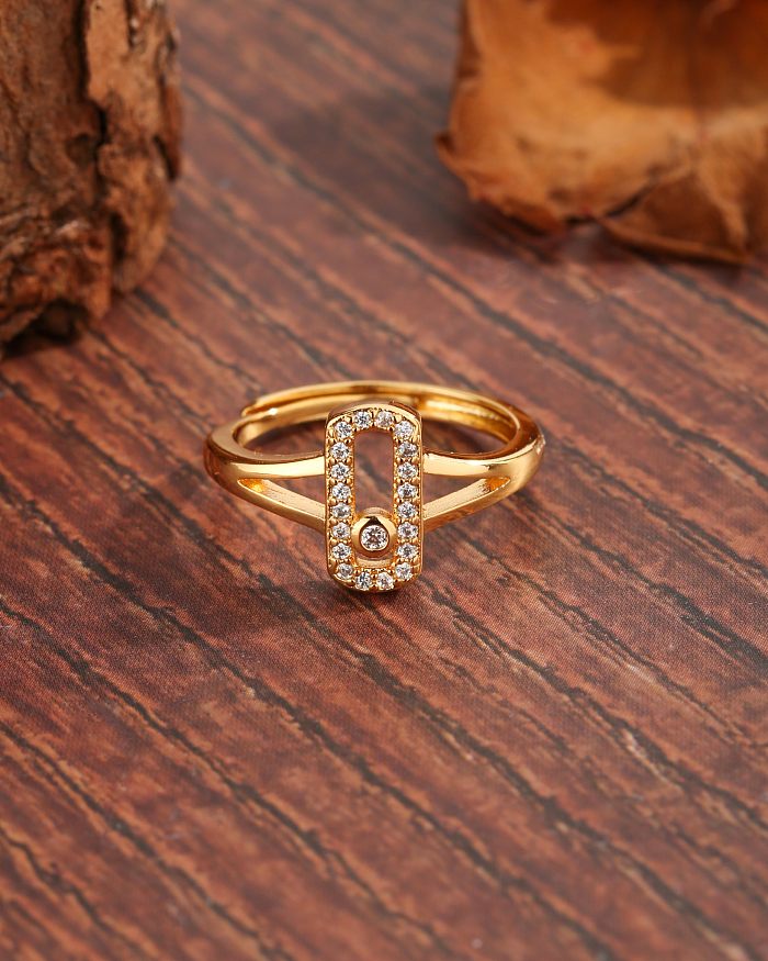 Glam Simple Style Commute Round Rectangle Copper Plating Hollow Out Inlay Zircon 18K Gold Plated Open Rings
