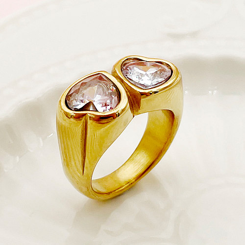 Anéis banhados a ouro de zircão embutido em forma de coração de estilo simples