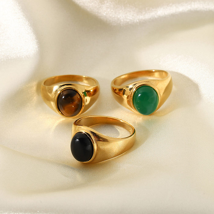 Retro Oval Stainless Steel Plating Inlay Agate 18K Gold Plated Rings