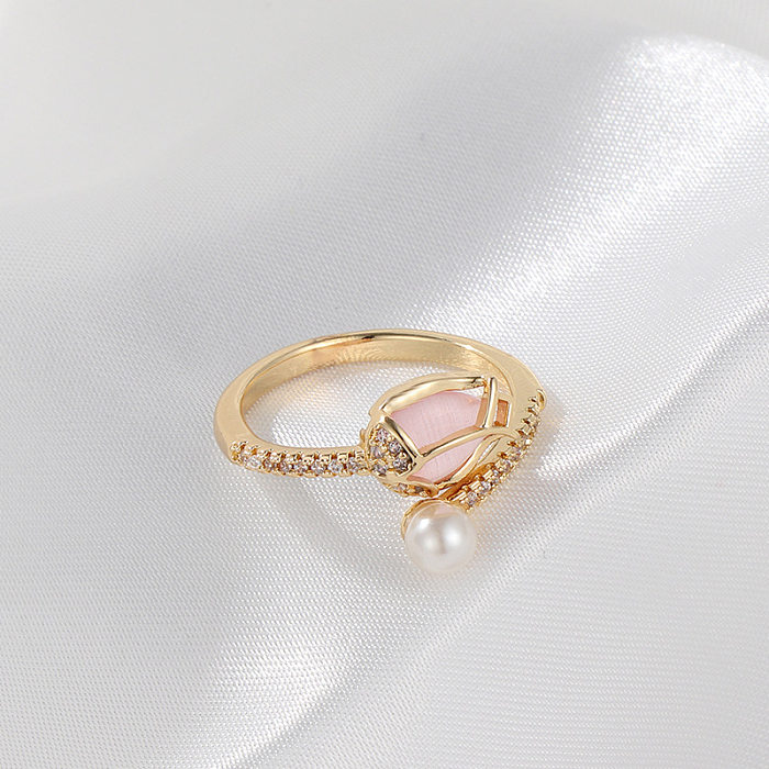 Fashion Flower Copper Pearl Plating Inlay Rhinestones Open Ring 1 Piece