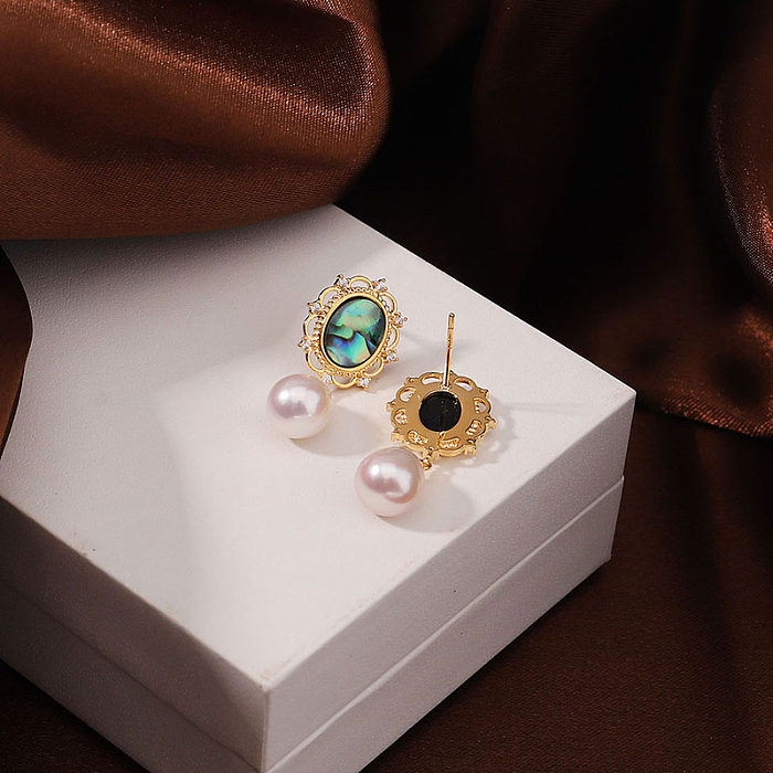 1 Pair Retro Oval Plating Inlay Copper Pearl Shell Zircon 18K Gold Plated Drop Earrings