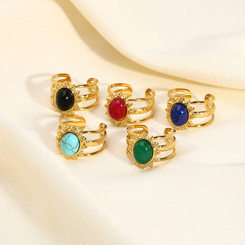 Modern Style Solid Color Stainless Steel Plating Inlay Natural Stone 18K Gold Plated Open Rings