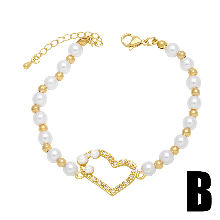 Streetwear Animal Heart Shape Imitation Pearl Copper Beaded Plating Inlay Zircon 18K Gold Plated Bracelets