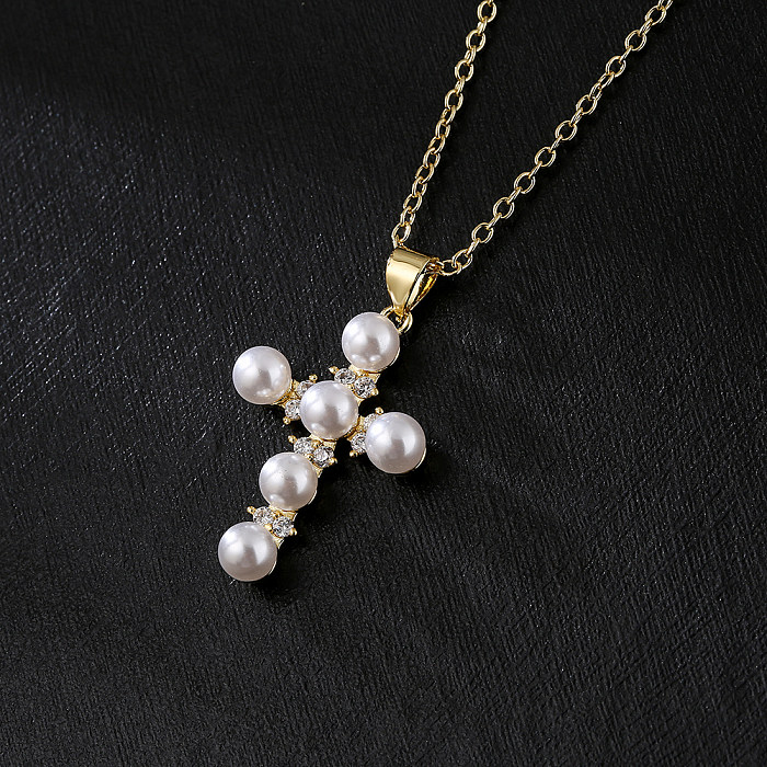 Fashion Clavicle Chain Copper 18K Gold Zircon Pearl Cross Pendant Necklace