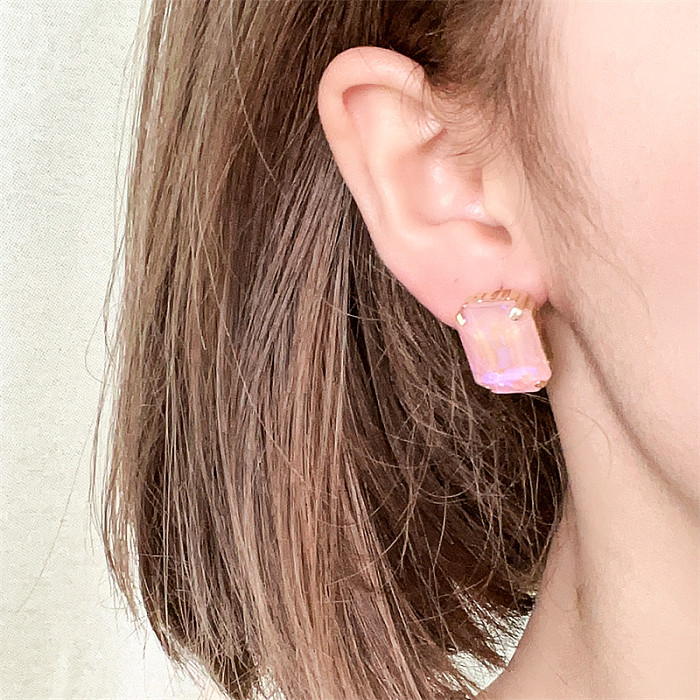 1 paire de clous d'oreilles plaqués or, Style IG Simple, incrustation rectangulaire en verre de cuivre et or