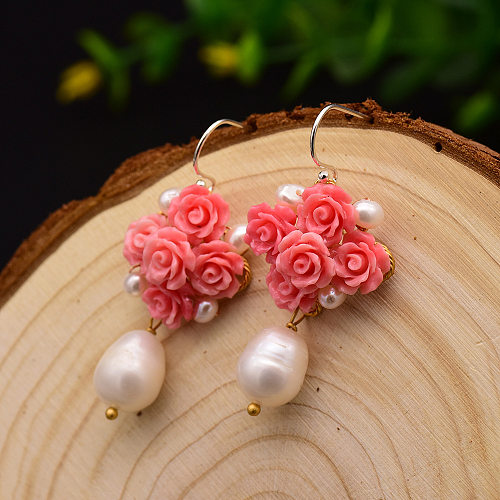1 paire de boucles d'oreilles pendantes en cuivre, Style Simple, Patchwork de fleurs