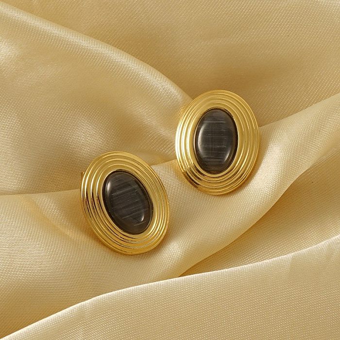 Collier de boucles d'oreilles plaqué or 18 carats, élégant ovale en acier inoxydable, incrustation de pierre naturelle