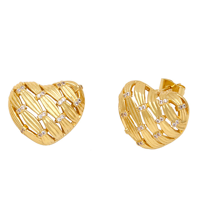 1 Pair Retro Heart Shape Plating Inlay Copper Zircon 18K Gold Plated Ear Studs