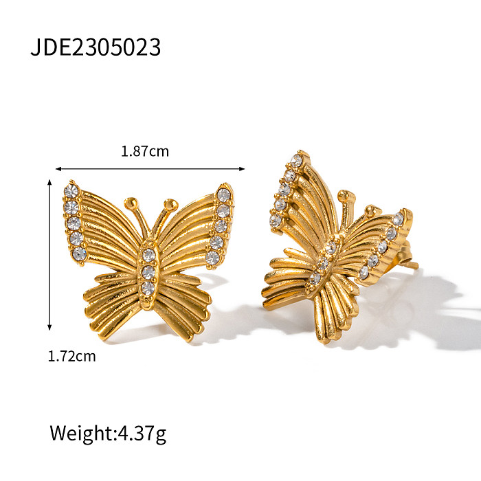 Boucles d'oreilles papillon élégantes de Style IG, incrustation de placage en acier inoxydable, Zircon plaqué or 18 carats, collier
