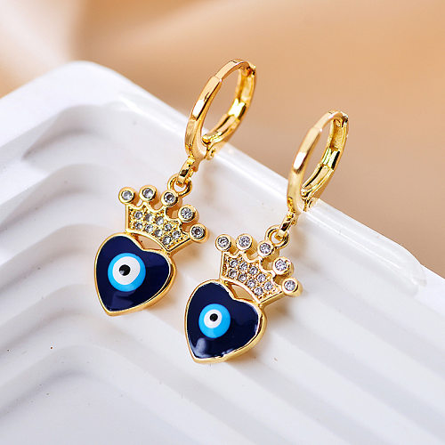 1 Pair Ethnic Style Devil'S Eye Hand Of Fatima Crown Copper Inlay Zircon Drop Earrings