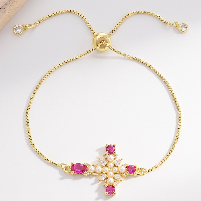 Bracelets plaqués or en Zircon avec incrustation de cuivre croisé élégant, perles artificielles