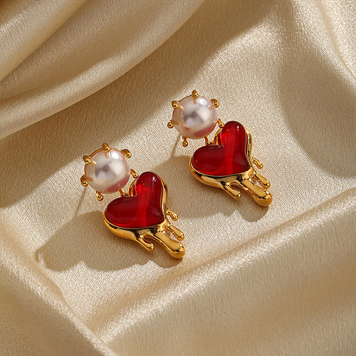 1 paire de boucles d'oreilles élégantes en forme de cœur plaquées en résine de cuivre plaqué or 18 carats