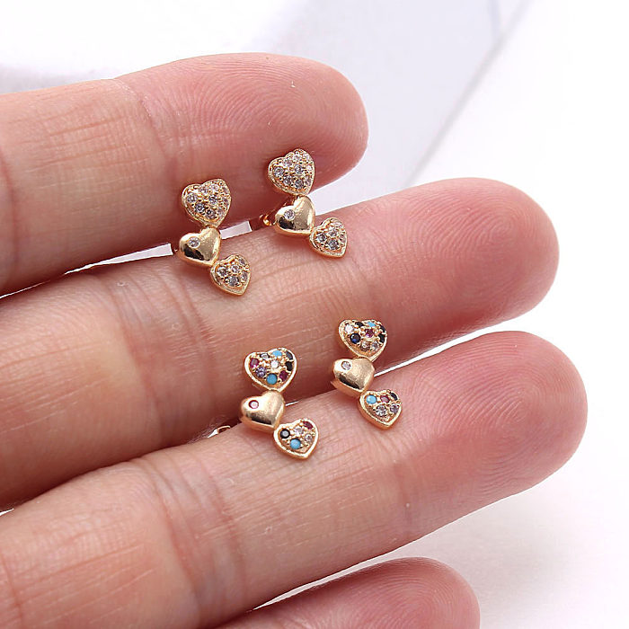 1 Pair Sweet Korean Style Heart Shape Plating Inlay Copper Zircon Gold Plated Ear Studs