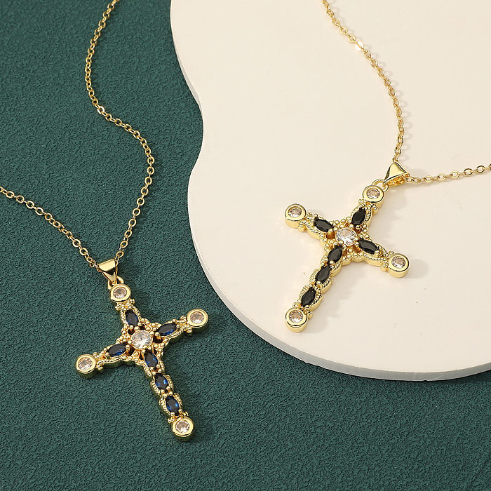 IG Style Cross Copper Plating Inlay Zircon Pendant Necklace