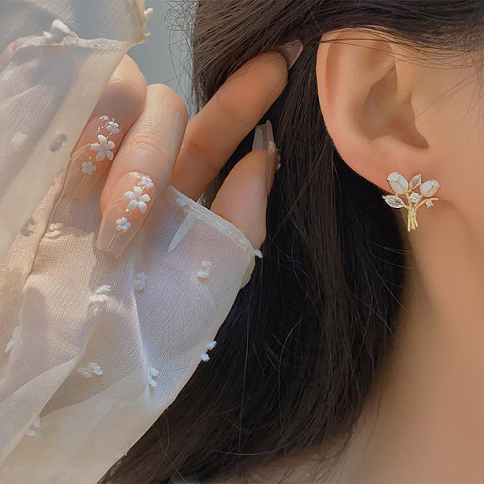 1 Pair Cute Simple Style Flower Plating Inlay Copper Zircon 14K Gold Plated Ear Studs
