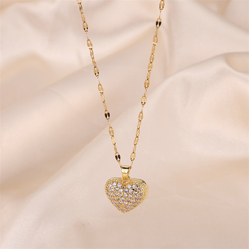 Princess Cute Commute Heart Shape Stainless Steel Brass Plating Inlay Zircon 18K Gold Plated Pendant Necklace