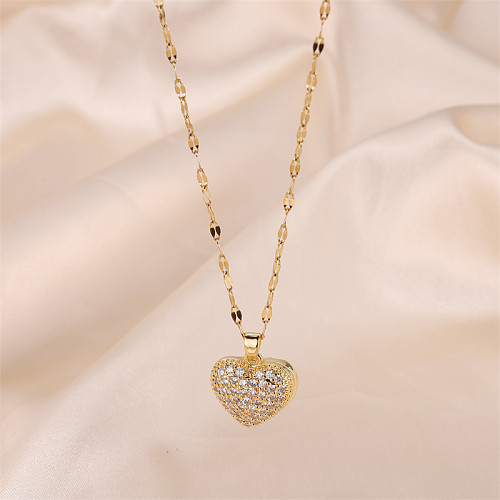 Collier pendentif princesse mignon en forme de cœur en acier inoxydable et laiton, incrustation de Zircon plaqué or 18 carats