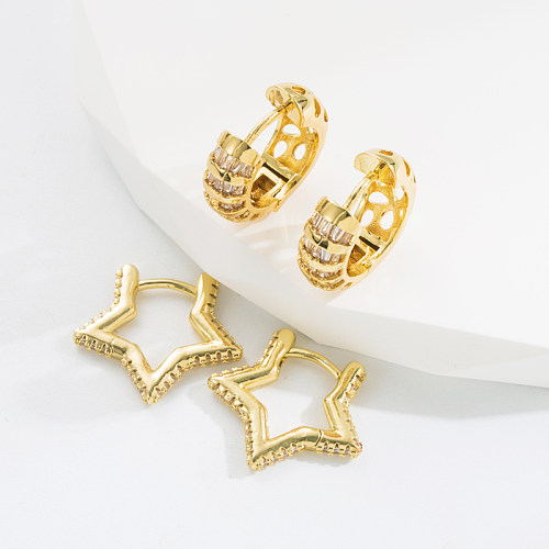 Simple Style Star Copper Gold Plated Zircon Hoop Earrings 1 Pair