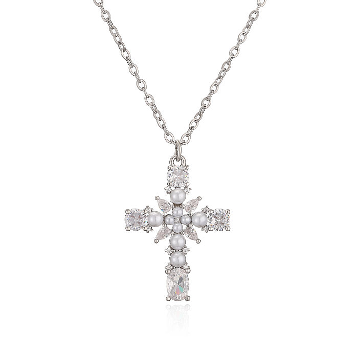 Classic Style Cross Copper Inlay Artificial Gemstones Pendant Necklace