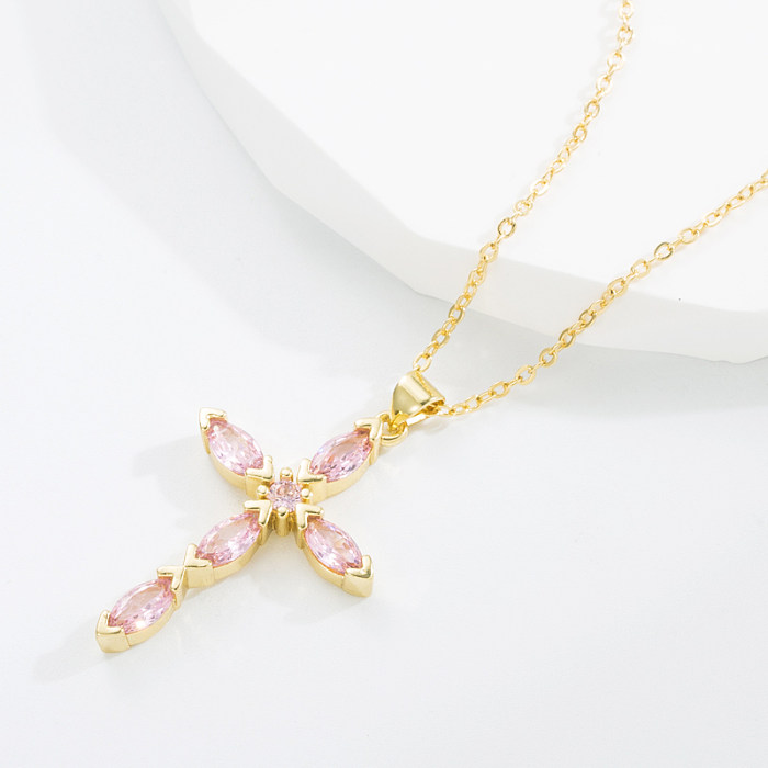 Classic Style Cross Copper Gold Plated Zircon Pendant Necklace 1 Piece