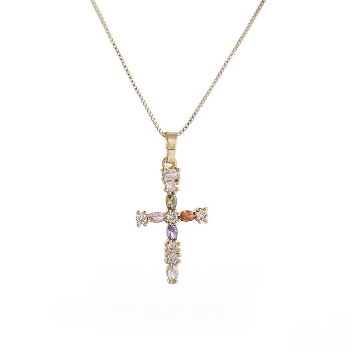 Luxurious Cross Copper Inlay Artificial Pearls Zircon Pendant Necklace 1 Piece