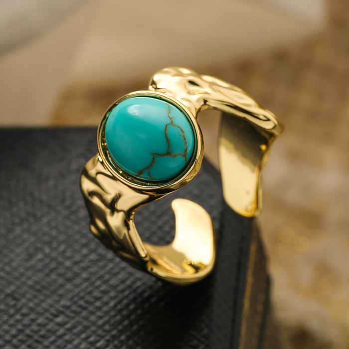 1 Piece Retro Oval Copper Plating Inlay Turquoise Open Ring