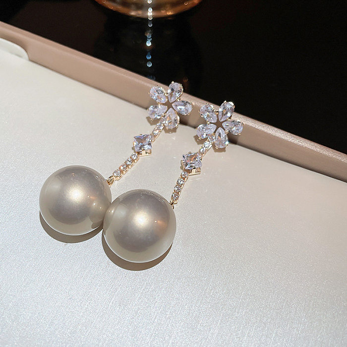 Fashion Heart Shape Flower Copper Inlay Pearl Zircon Drop Earrings 1 Pair