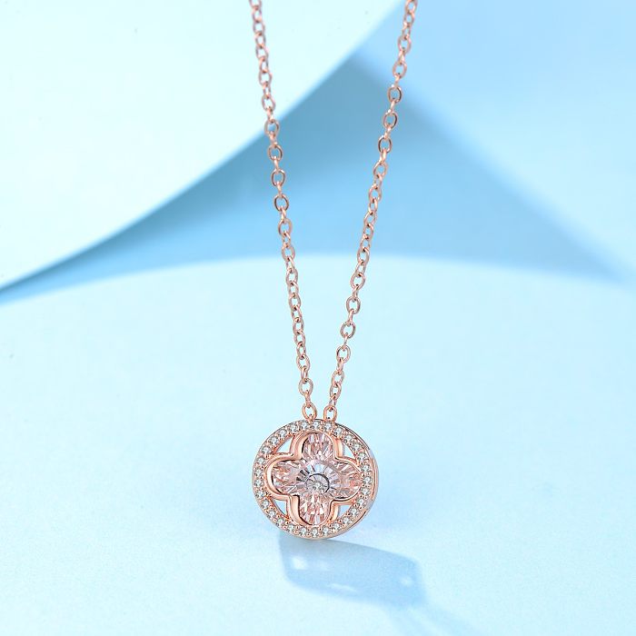Elegante estilo simples brilhante redondo quadrado cobre chapeamento incrustado zircão rosa banhado a ouro pingente colar