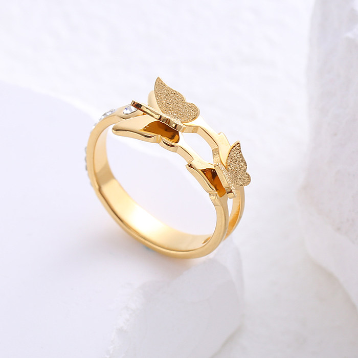 Elegant Shiny Butterfly Stainless Steel Plating Inlay Zircon 18K Gold Plated Open Ring