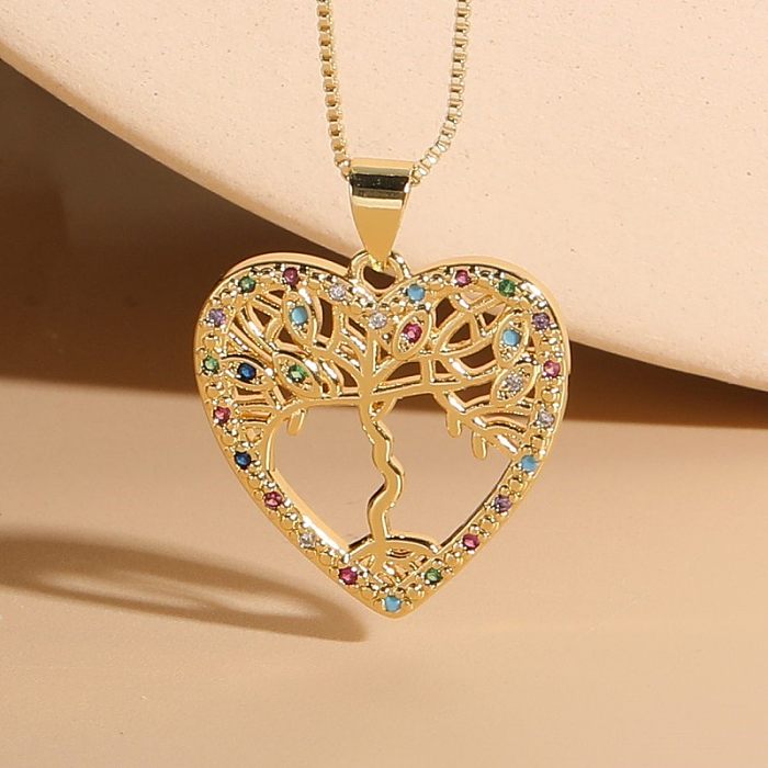 Élégant luxueux style classique portrait arbre coeur forme cuivre placage incrustation zircon plaqué or 14 carats pendentif collier