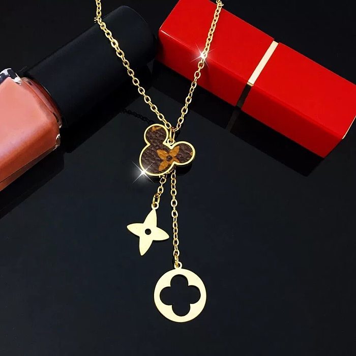 Classic Style Four-Leaf Flower Mickey Stainless Steel Titanium Steel Inlay 18K Gold Plated Bracelets Necklace