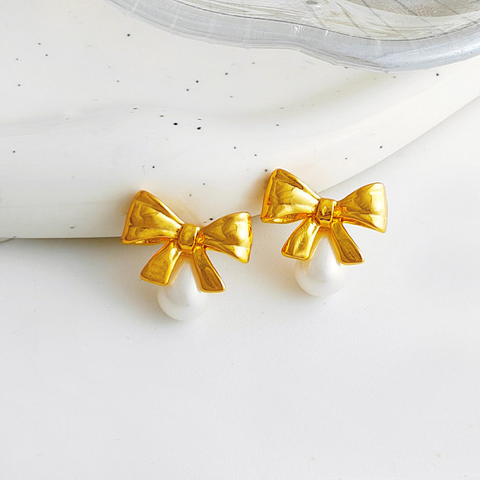 1 Pair Sweet Bow Knot Copper Plating Artificial Pearls Ear Studs