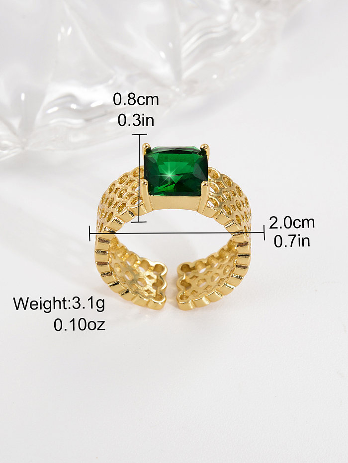 Offener Ring im Retro-Einfachstil mit quadratischer Verkupferung und ausgehöhltem Inlay-Zirkon, 18 Karat vergoldet