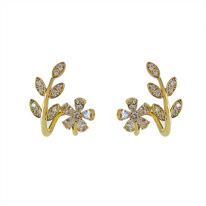 1 Pair Sweet Shiny Leaves Flower Plating Inlay Copper Zircon Ear Cuffs