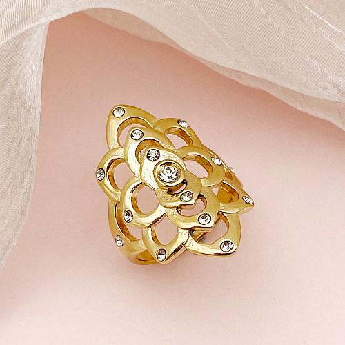 Nordic Style Glam Flower Petal Stainless Steel Plating Inlay Rhinestones Zircon Gold Plated Rings